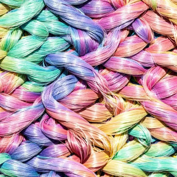 Close-up of thick, intertwined braids in vibrant pastel rainbow colors—pink, blue, green, purple, and yellow—forming a woven pattern. Product: Neon Penis Abstract 43 (Copy).