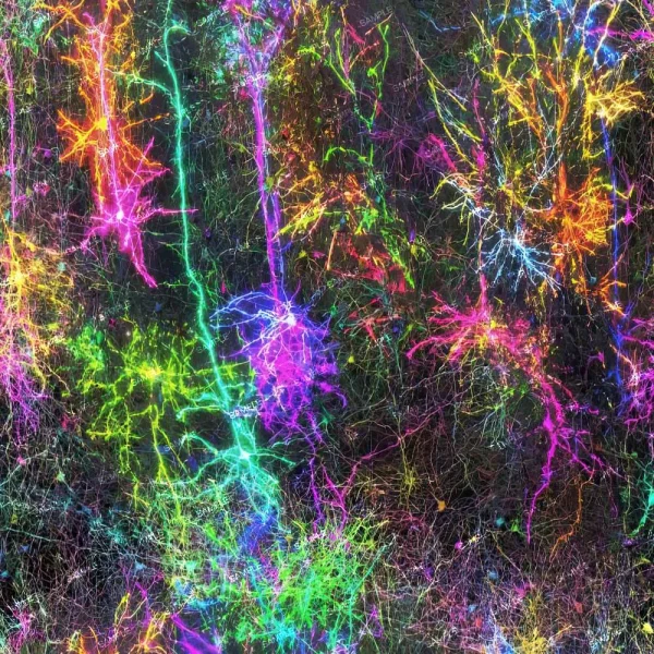 Multicolor Yarn 44 (Copy) is shown as a dense, neuron-like network with neon green, pink, yellow, and blue hues on a dark background, forming a vivid web pattern that evokes the energy of neural activity.