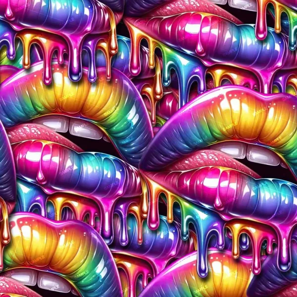 Multicolor Yarn 44 (Copy) features a seamless pattern of glossy, rainbow lips with vivid gradients and metallic shine, layered with dripping multicolored liquid for a vibrant effect.