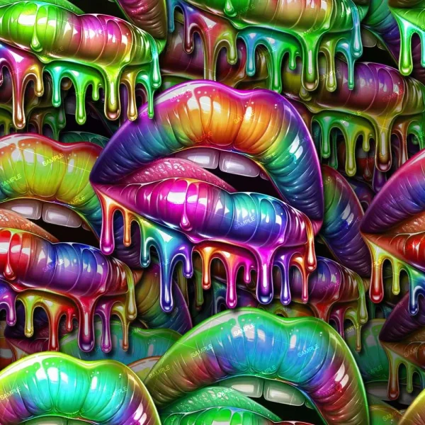 Close-up illustration of lips in bright rainbow colors, with colorful paint dripping, forming a vivid, glossy surreal effect. The repeating pattern highlights the vibrant tones of Multicolor Yarn 44 (Copy).