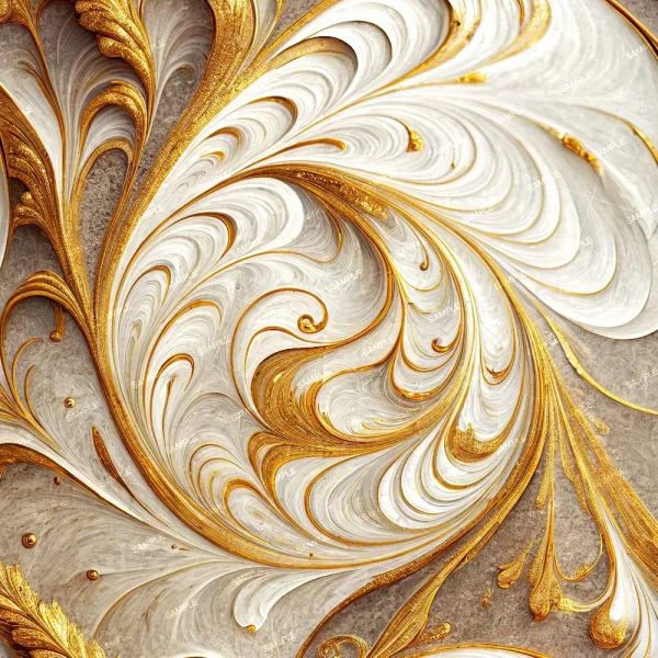 Close-up of Hand Drawn Pencil Squiggles 42 (Copy), featuring an abstract gold and white swirling pattern with intricate feather-like details on a neutral background.