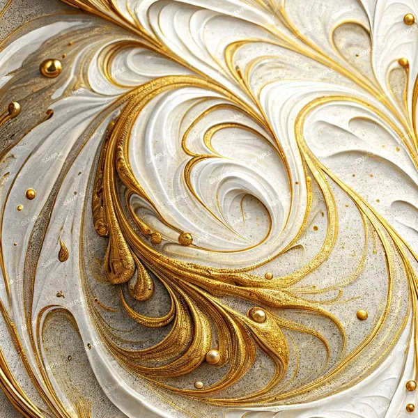 Swirled Paint 47 (Copy) features abstract swirling white and gold patterns with metallic accents, a marble-like texture, raised gold details, and scattered small gold spheres.