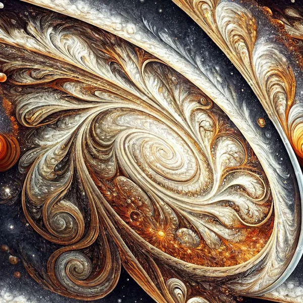 Swirled Paint 48 (Copy) features an abstract spiral fractal in gold, white, and brown, with feathery textures and circular details reminiscent of cosmic or galactic imagery.