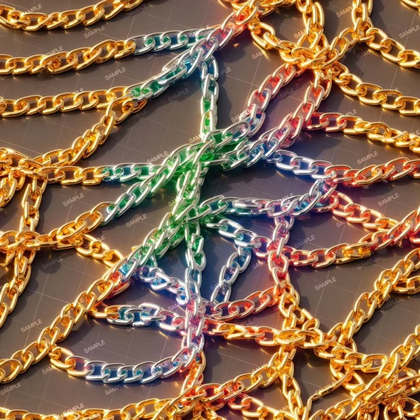 The "Baroque Wallpaper Pattern 42 (Copy)" features several metallic chains in gold, silver, and green, tangled and spread across a glossy, reflective dark surface.