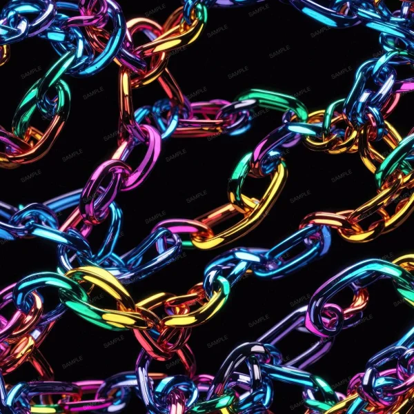 Close-up of Rainbow Lips 25 (Copy): several intertwined metal chains in shiny blue, purple, yellow, pink, and green set against a solid black background.
