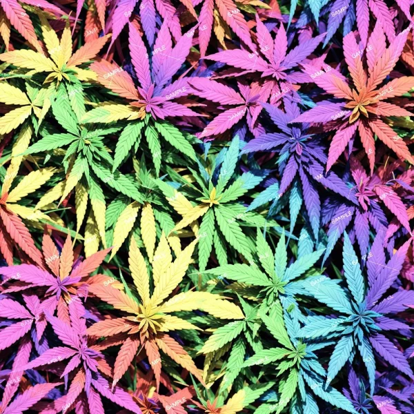 The Rainbow Lips 25 (Copy) features an evenly distributed, repetitive design of overlapping cannabis leaves in bright rainbow colors—red, yellow, green, blue, and purple.