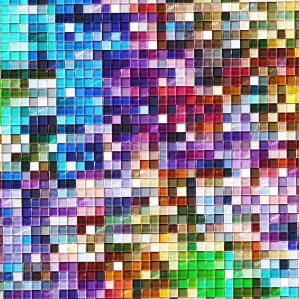 The "Rainbow Ganja Leaves 42 (Copy)" features a vibrant mosaic of small square tiles in blue, purple, pink, green, yellow, and white arranged in a grid to create an abstract pattern.