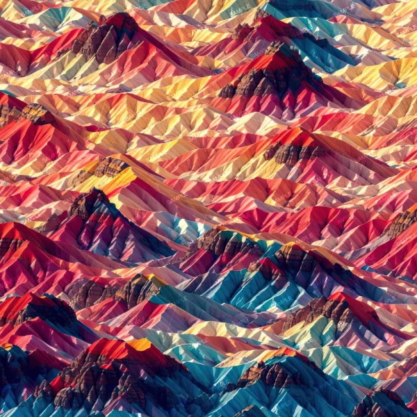 Aerial view of Rainbow Glass Tiles 42 (Copy) reveals sharply defined peaks and slopes in vivid bands of red, orange, yellow, and blue, forming a striking abstract pattern across the landscape.