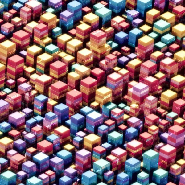 3D Polygons (Copy) features a dense grid of multicolored 3D cubes in red, blue, yellow, and orange, stacked at varying heights with faint text visible on their surfaces for a striking geometric effect.