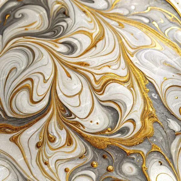 Close-up of The Doodles of a Diety (Copy), showcasing a marbled pattern with swirling white, grey, and black shapes highlighted by metallic gold veins and specks.