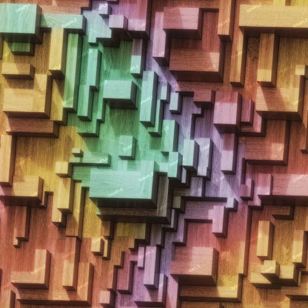 Carved Wooden Flowers (Copy) shown as 3D wooden block shapes in different sizes, arranged in a staggered pattern. A rainbow color gradient overlays the image, with "SAMPLE" repeatedly printed across it.