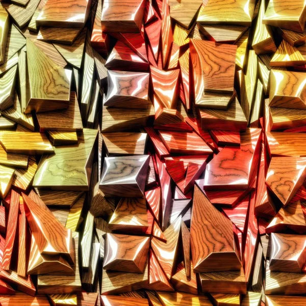 A close-up of a decorative wall featuring Carved Wooden Flowers (Copy), showcasing three-dimensional wooden geometric shapes, such as triangles and pyramids, with natural wood grain accents and warm lighting effects.