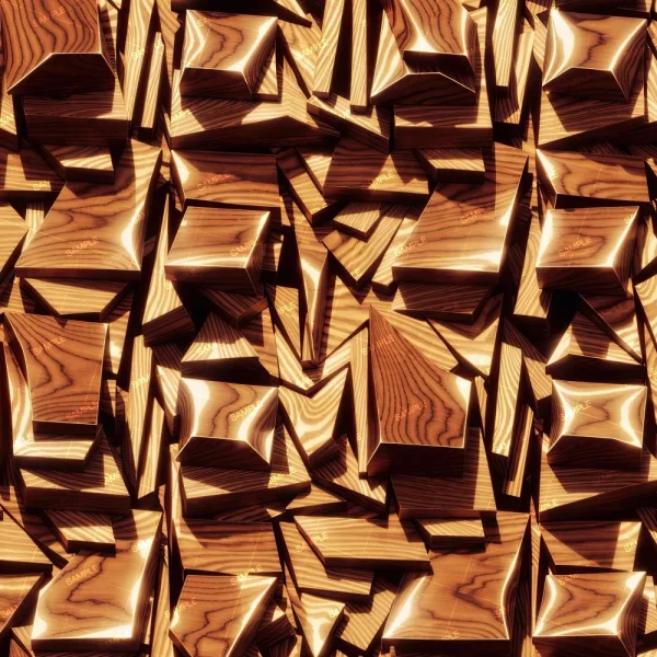 A close-up of Wood Block Abstract 44 (Copy), showing many shiny, angular wooden blocks arranged densely and irregularly, with visible wood grain textures and reflections on their surfaces.