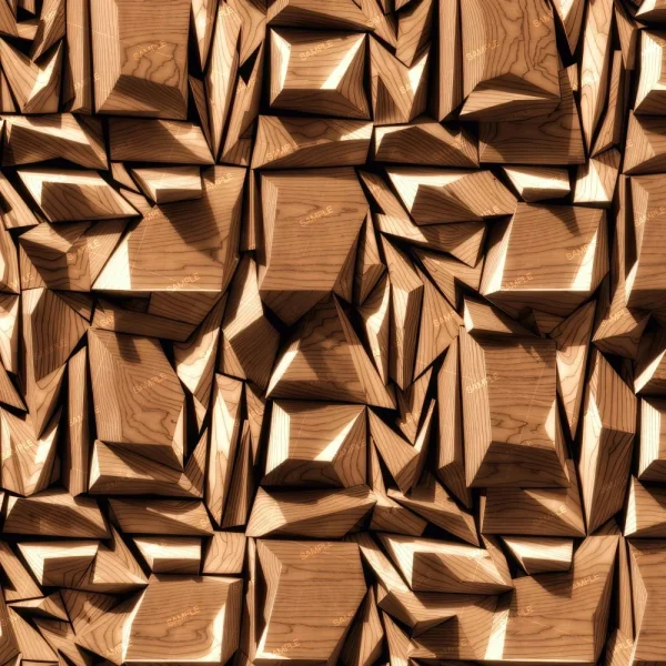 Wood Block Abstract 44 (Copy) features a geometric design of three-dimensional, irregular wooden blocks with sharp angles and edges. Visible wood grain enhances the detailed brown tones, creating a textured, abstract surface.