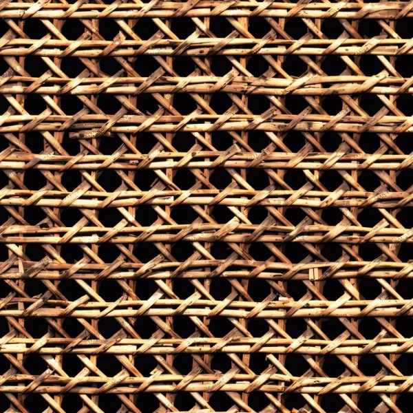 Close-up of Random Weave Jute (Copy), showcasing interlaced natural jute fibers forming a geometric, grid-like woven pattern with open spaces revealing a black background.