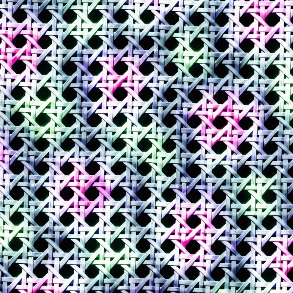 A close-up of Random Weave Jute (Copy) shows interlaced strips in blue, green, and pink forming a geometric grid, with black spaces visible through the woven pattern.