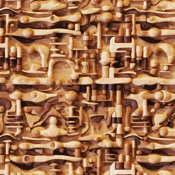 Wood Block Abstract 46 (Copy) features a seamless pattern of assorted wooden lab equipment—beakers, microscopes, flasks, and test tubes—arranged closely on a wood-textured background.