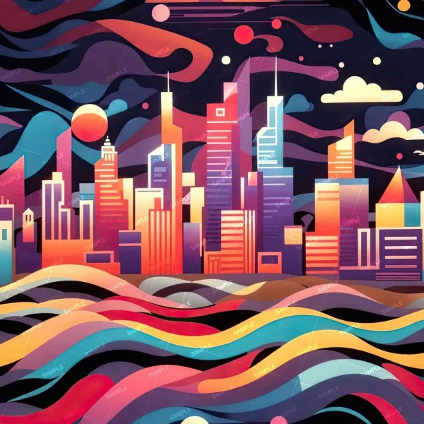 Misty Mountain Stream (Copy) features a stylized city skyline with vibrant, tall buildings against a dark sky, abstract clouds and sun, and wavy multicolored lines flowing through the foreground like water or land.