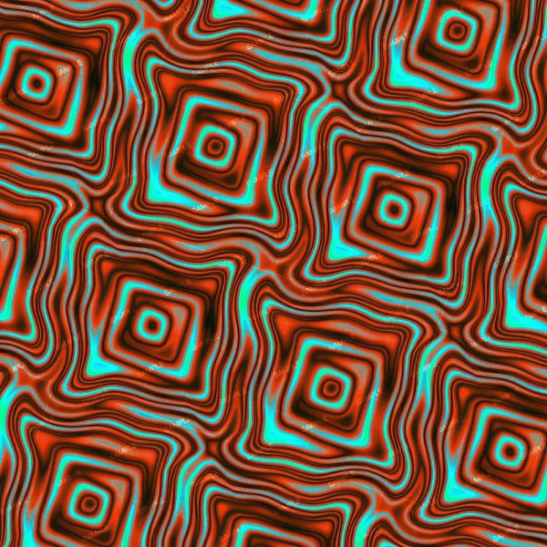 Psycho Ward 42 (Copy) features a repeating abstract pattern of wavy, concentric squares in red, black, and bright cyan, creating a dynamic optical illusion effect across the entire image.