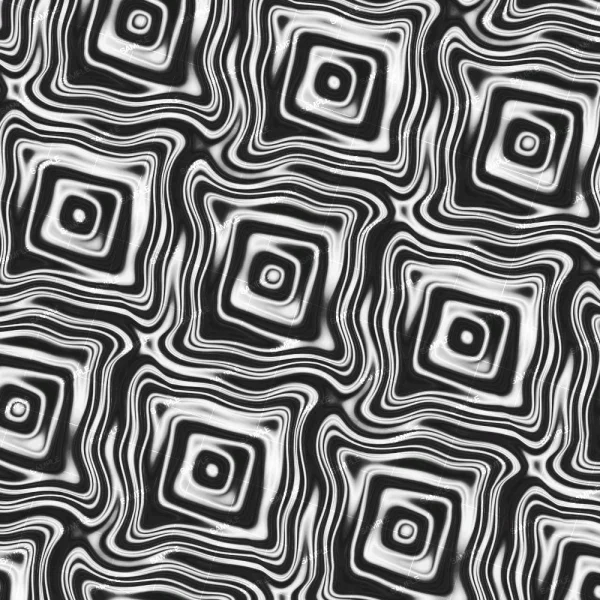 Psycho Ward 44 features a black and white abstract pattern with repeating concentric squares, wavy lines, and a warped optical illusion effect for a dynamic, fluid visual texture.