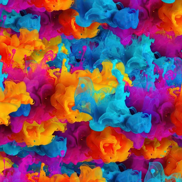 Rainbow Mountains (Copy) features a vivid abstract pattern of swirling clouds in orange, yellow, cyan, magenta, and purple, blending seamlessly to create a vibrant and dynamic textured design.