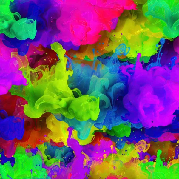 Ink Drops in Water 43 (Copy) features dense clouds of vibrant neon pink, yellow, green, blue, and purple ink blending and swirling with smoky textures against a black background.