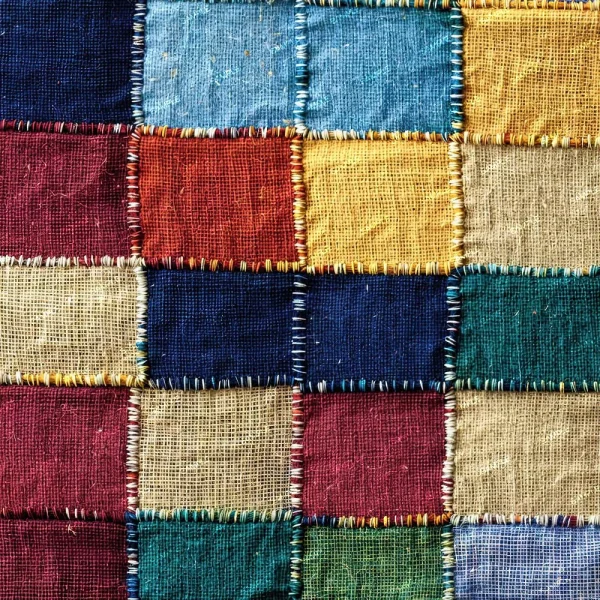 A close-up view of a patchwork quilt made from square hemp fiber pieces in red, blue, yellow, green, and beige, each joined with visible multicolored stitching along the edges.