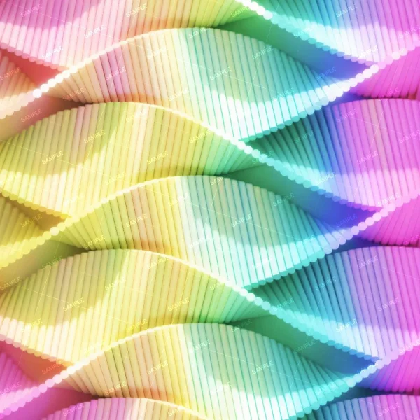 Twisted Rods 42 (Copy) features wavy, parallel rows of thin cylindrical rods in a pastel gradient—yellow, green, pink, and blue—with an evenly lit surface.