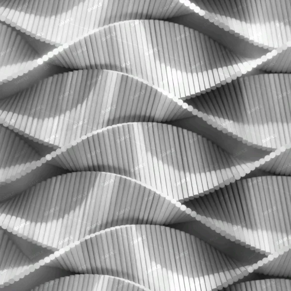 Twisted Rods 42 (Copy) features a design of vertically aligned cylindrical rods in undulating, wave-like layers, producing an abstract geometric pattern with dynamic light and shadow effects.