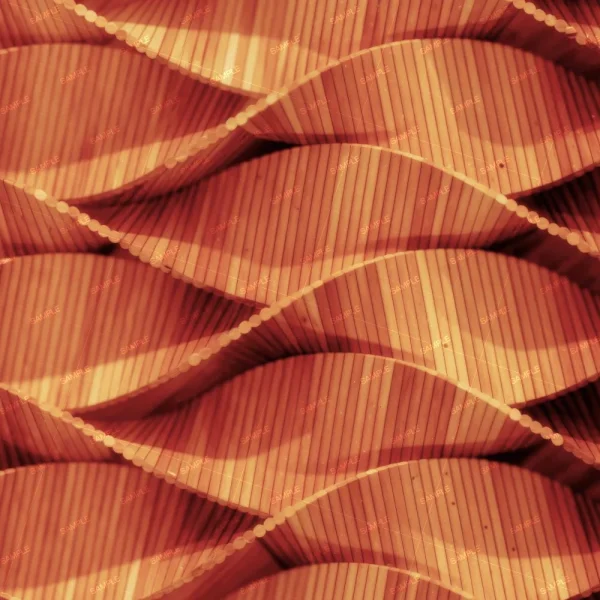 Close-up of Twisted Rods 44 (Copy) featuring parallel wooden slats in a wavy, geometric grid. The undulating pattern casts shadows and highlights, adding depth and texture to the design.