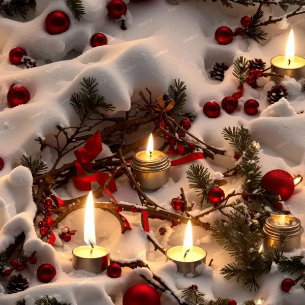 Christmas Presents 47 (Copy) features snow-covered branches adorned with red ornaments, red berries, and ribbons. Lit candles in metal holders are nestled among the branches, creating a festive holiday display.