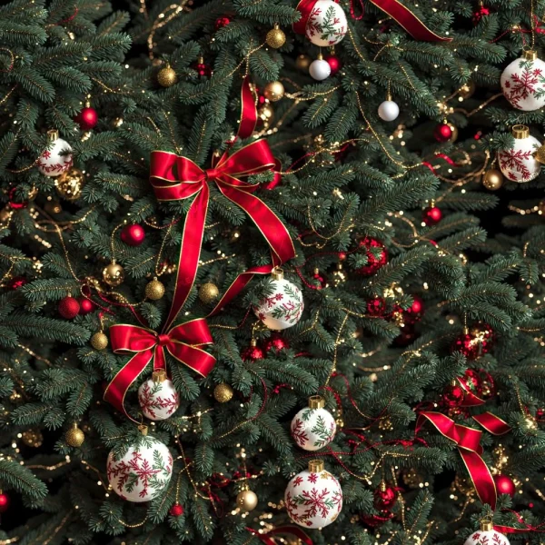 A Christmas tree adorned with Candles in the Snow ornaments, red ribbon bows, white baubles with red snowflake patterns, and gold bead garlands.