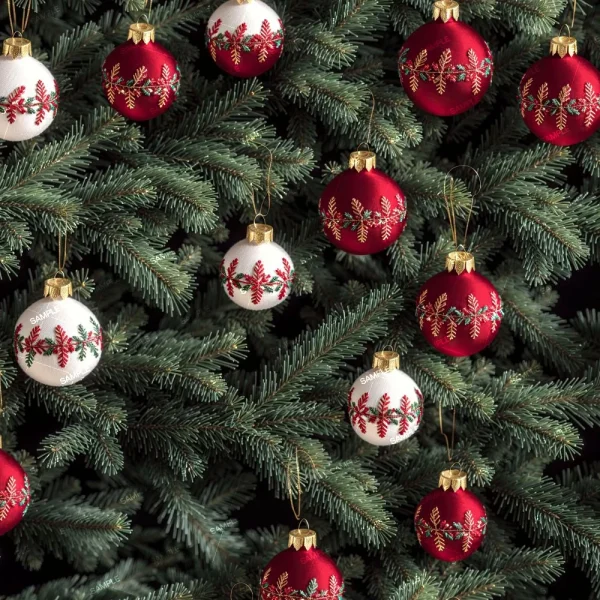 The Christmas Tree 52 (Copy) is decorated with red and white ornaments, each embroidered with holly patterns and finished with gold caps, hanging beautifully on green pine branches.