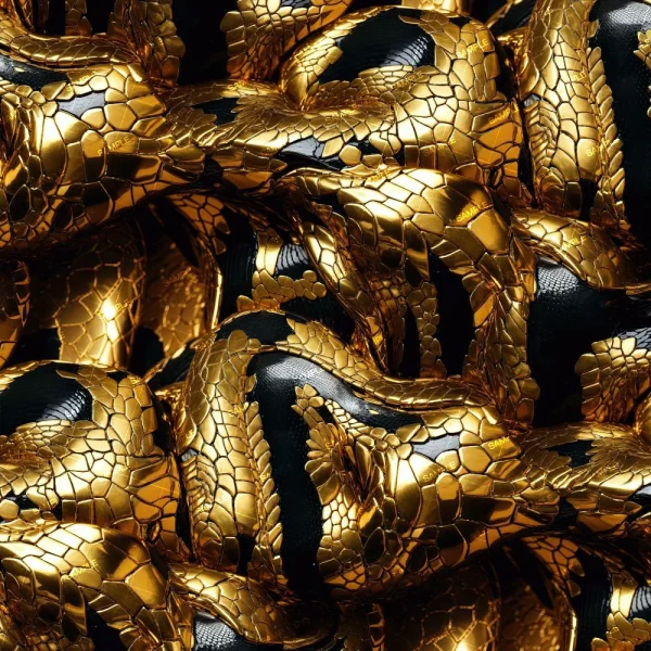 A close-up image of Mangshan Pit Viper Scales 23 (Copy) (Copy), showing intertwining forms with shiny, metallic gold and black textures in a striking, reflective pattern.