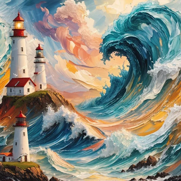 Swirled Paint 46 (Copy) depicts three white lighthouses with red roofs atop rocky cliffs by the ocean, surrounded by swirling waves and vivid, colorful skies in a vibrant painted style.