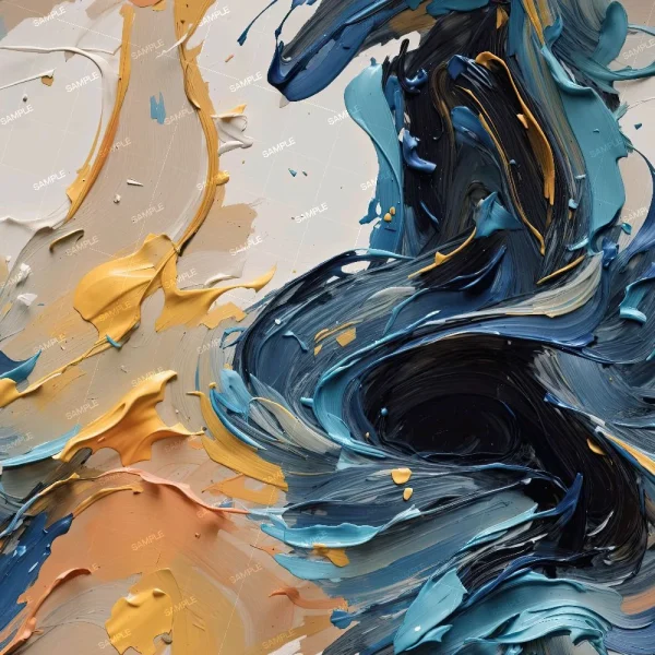Swirled Paint 46 (Copy) features thick, textured brushstrokes in dark blue, yellow, beige, and gray oil paint that blend together on a flat surface to create a dynamic abstract pattern.