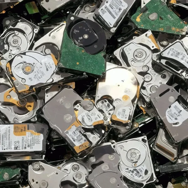 A stack of Neon Cyberpunk Circuitry (Copy) hard disk drives displays exposed circuit boards, platters, and internal components arranged closely together.