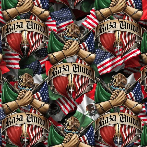 The Mexican American Raza Unida 24 features a repeating design of two clasped hands—one with the Mexican flag, one with the American flag—a "Raza Unida" banner, and a lion’s head above the flags.