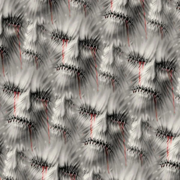 Tortured Faces 42 features a distressed, pale gray fabric pattern with black metal staples binding torn seams, from which blood-like red liquid oozes. The textured surface appears wrinkled and haunting.
