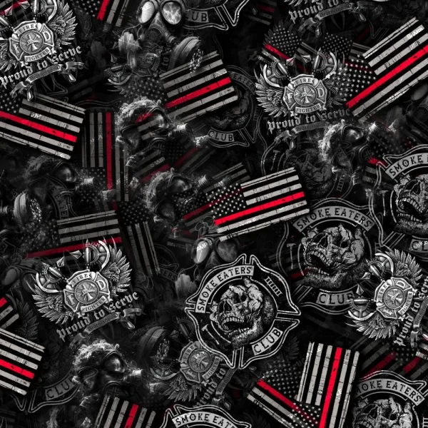 FireFighter 53 (Copy) features a seamless pattern of American flags, firefighter helmets, axes, skulls, and badges with "Smoke Eaters Club" and "Proud to Serve" text on a dark background.