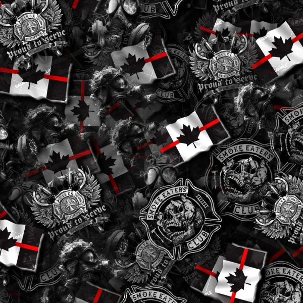 The "American FireFighter 23 (Copy)" features a seamless pattern with Canadian flags, firefighter emblems reading “Proud to Serve” and “Smoke Eaters Club,” plus gas masks and firefighter helmets on a dark background.