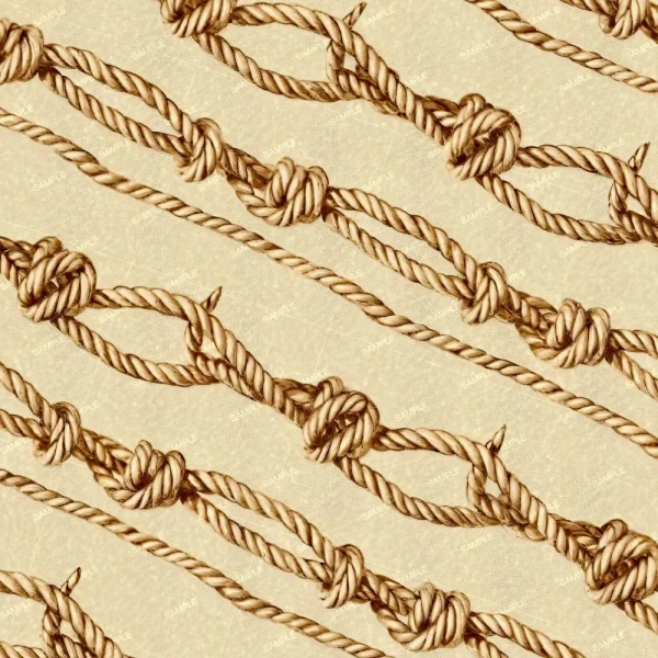 A seamless pattern featuring thick, twisted brown ropes in knots and loops, arranged diagonally on a textured beige background, inspired by the Woven Fiberglass Mat (Copy).
