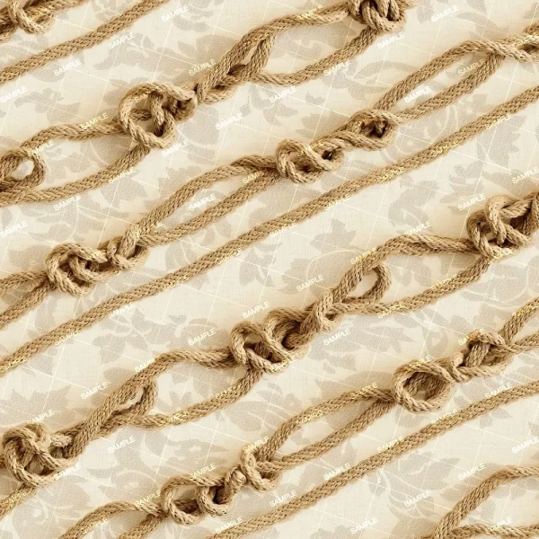Several illustrated, gold-colored rope knots are arranged in diagonal rows across a light floral-patterned fabric background, with each rope depicted as loosely knotted at regular intervals.