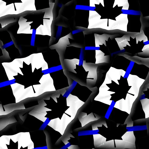 The Blue Line Skulls 32 (Copy) features flags with a black maple leaf on a white field, flanked by black sections and a blue stripe. The overlapping flags have multiple "SAMPLE" watermarks.