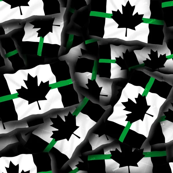 Blue Line Skulls 32 (Copy) features stylized Canadian flags with black and white stripes, a green line, and a central black maple leaf, all layered in a random, overlapping pattern.