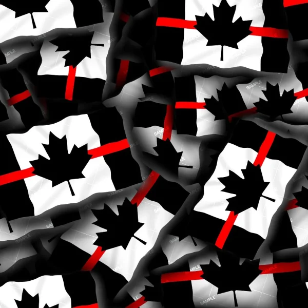 Blue Line Skulls 32 (Copy) features a pattern of stylized flags with a black maple leaf, bold red vertical stripe, and black-and-white blocks overlapping in a scattered design.