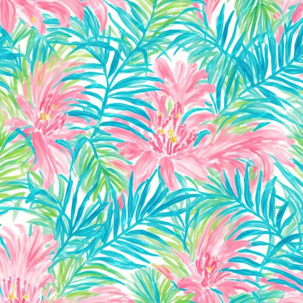 A seamless pattern called "Oil Paint Brush Strokes 44 (Copy)" featuring large pink tropical flowers and overlapping green and blue palm leaves on a white background in a hand-painted, watercolor style.