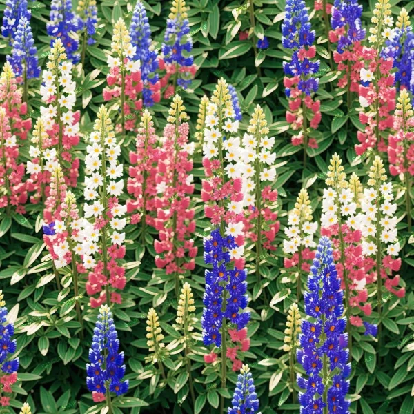 Bright red, white, and blue flowering spikes bloom above lush green foliage on the Succulent Wallscape (Copy), forming dense upright clusters with broad, flat leaves. The vibrant colors are evenly distributed for a striking display.
