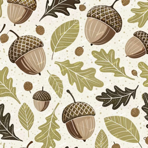 Contour Lines 46 (Copy) features a seamless, hand-drawn autumnal pattern with illustrated acorns and green and brown leaves on a light, speckled background.
