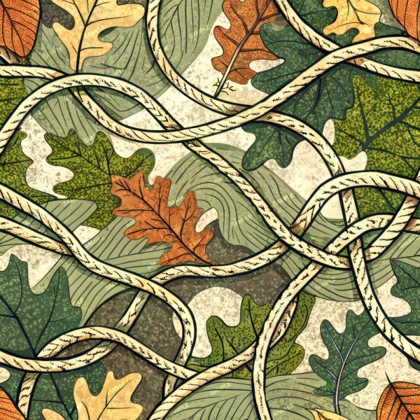 Acorns of Fall (Copy) features tangled ropes over a patterned backdrop with green, yellow, and brown autumn leaves and subtle curved lines, creating a layered, textured design.